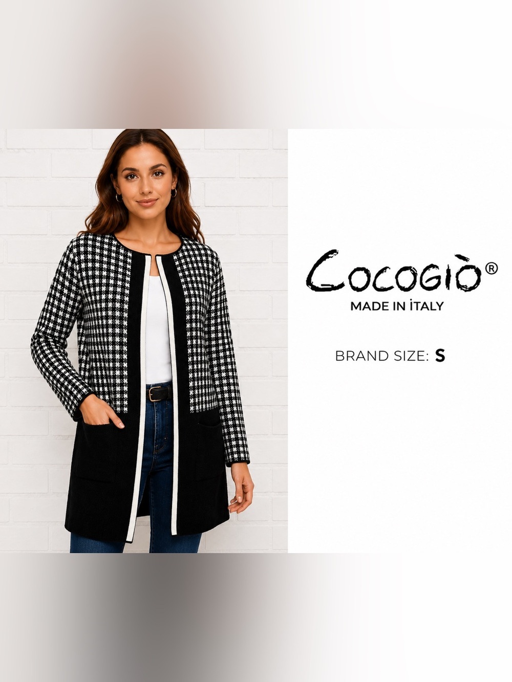 Cocogio Italian Merino Wool Blend Houndstooth Open Cardigan Sweater Size S